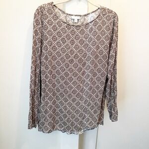 J. Jill Brown Artsy Geometric Pattern Top 1X Rayon Back Pleat‎ Workwear Office